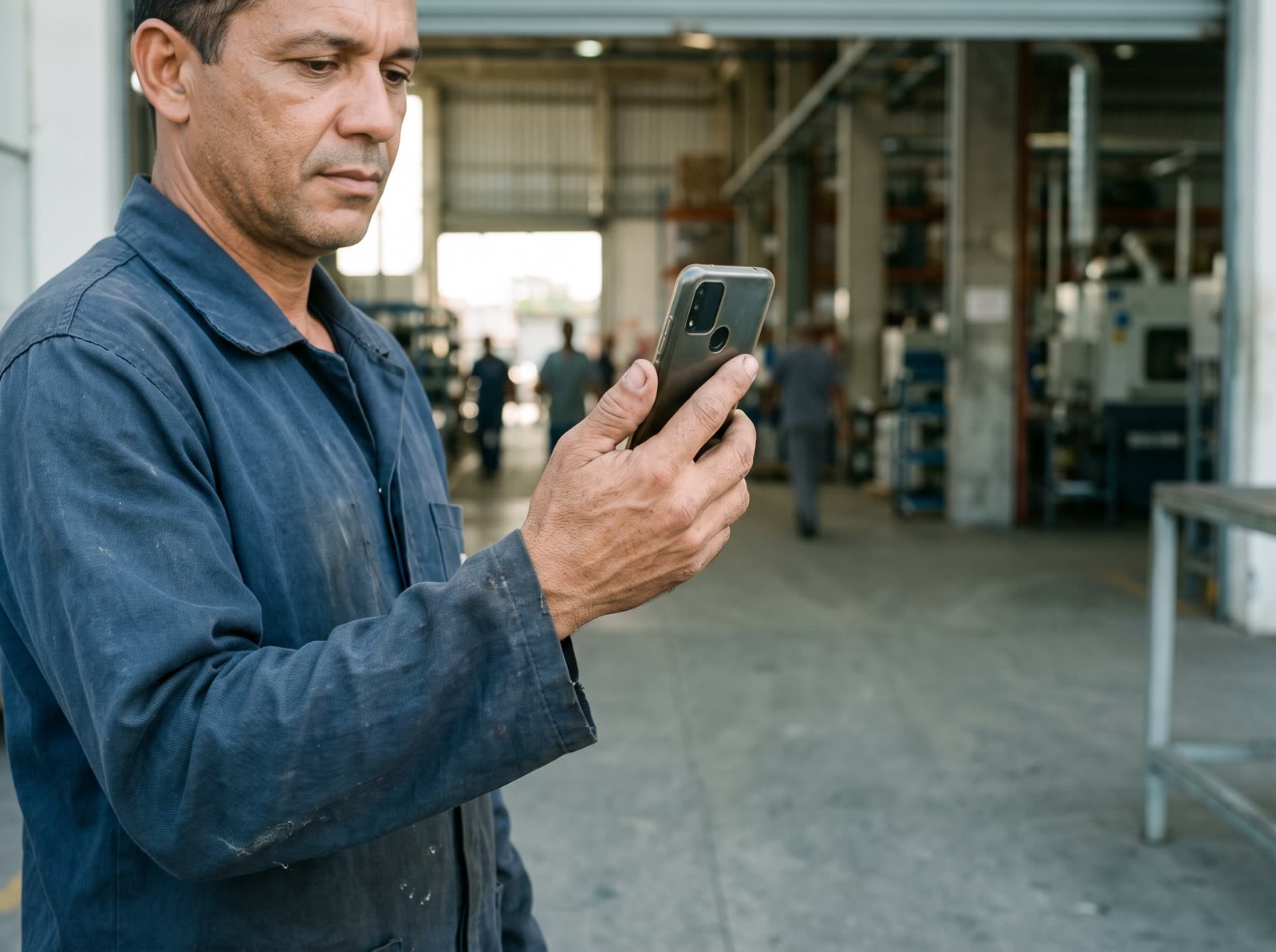Trabalhador de uniforme batendo o ponto pelo celular na entrada de um galpão