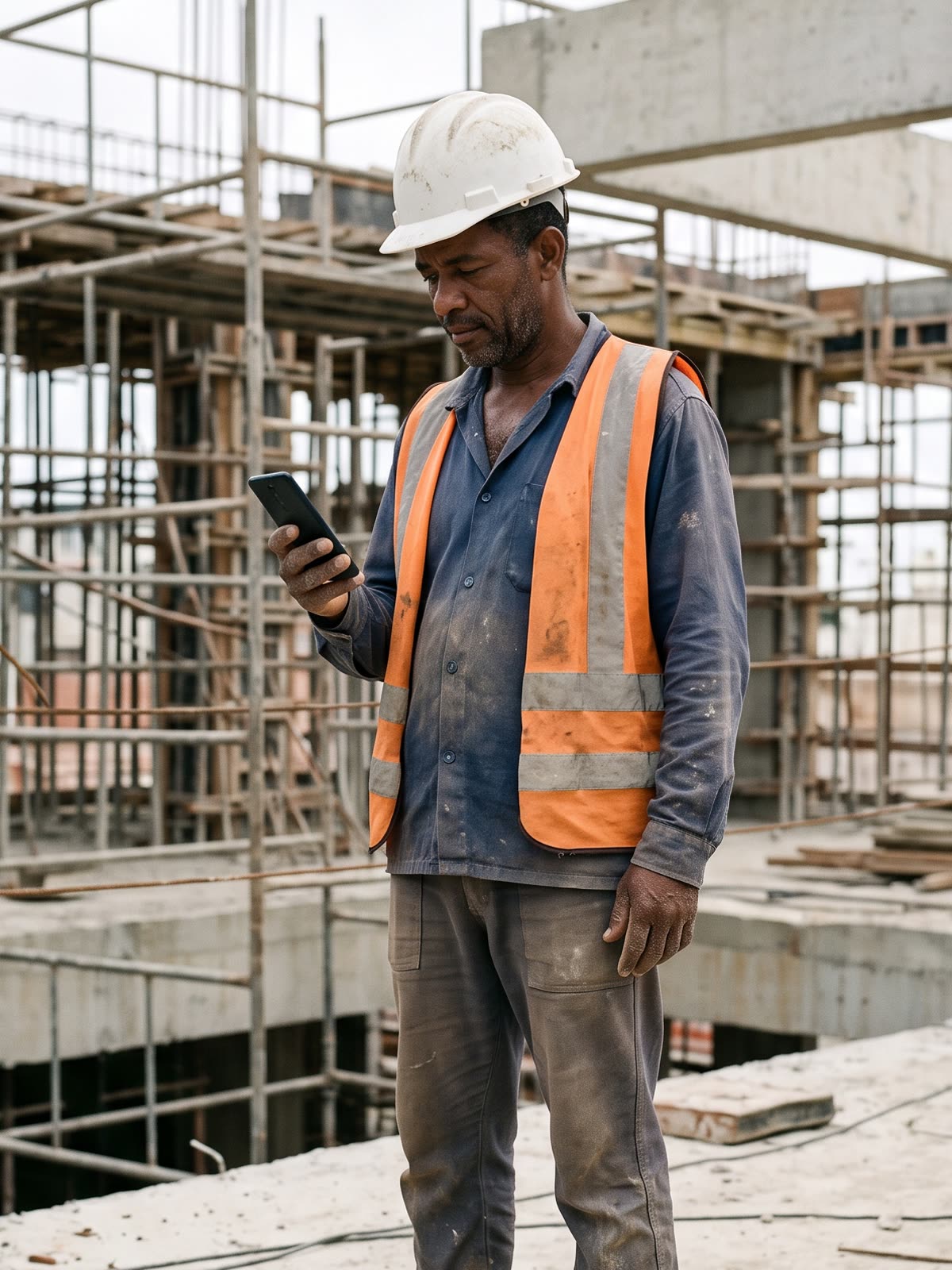 Trabalhador com capacete e colete numa obra, conferindo o celular