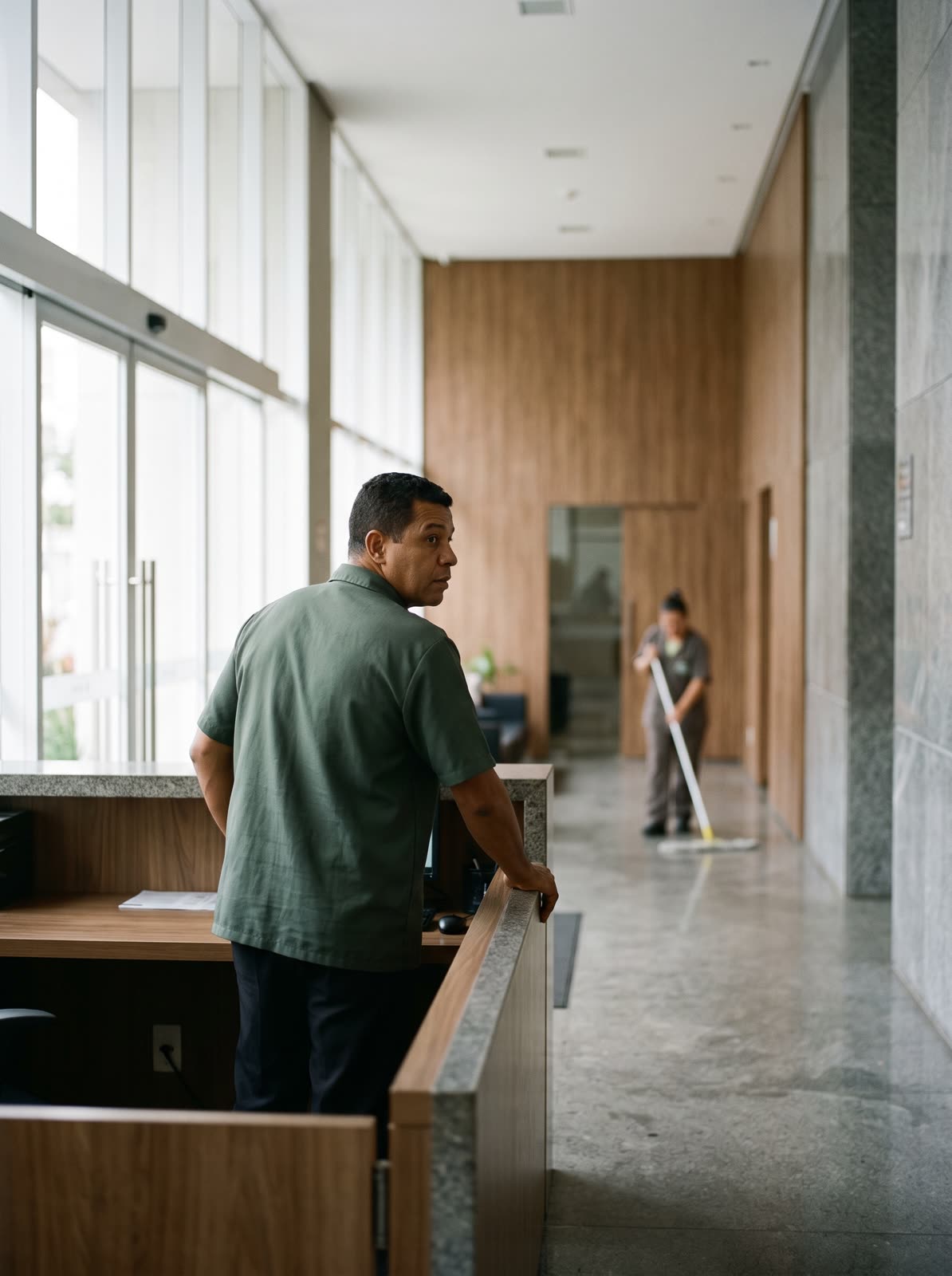 Porteiro de uniforme no balcão do hall de um prédio, com uma auxiliar de limpeza ao fundo